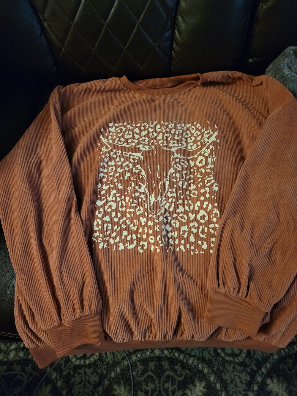SHEIN Brown Corduroy Crewneck Sweater with White Bull Graphic